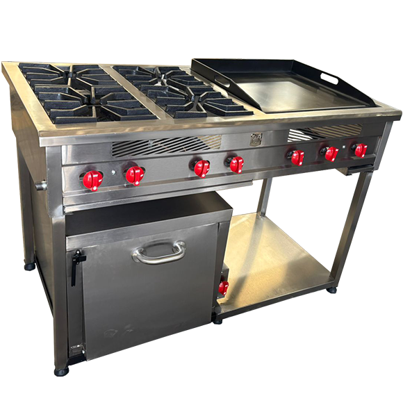 Estufa Industrial con 4 Fogones Sencillos, Plancha y Horno – 140x73x90 cm