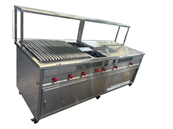 Compra tu módulo de cocina forrado en acero inoxidable con parrilla, 2 freidoras, baño maría y 4 azafates. Ideal para cocinas industriales y negocios en Colombia. Envío nacional.