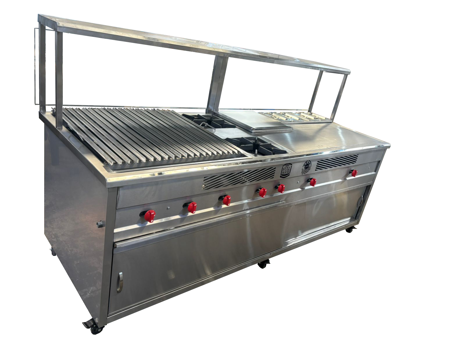 Compra tu módulo de cocina forrado en acero inoxidable con parrilla, 2 freidoras, baño maría y 4 azafates. Ideal para cocinas industriales y negocios en Colombia. Envío nacional.