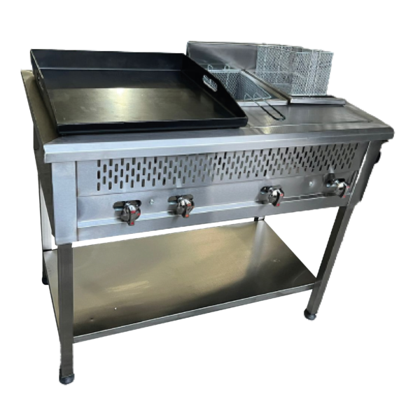 Módulo en acero inoxidable con plancha, 2 freidores y 2 canastillas. Compacto y resistente para cocinas industriales, food trucks y restaurantes.
